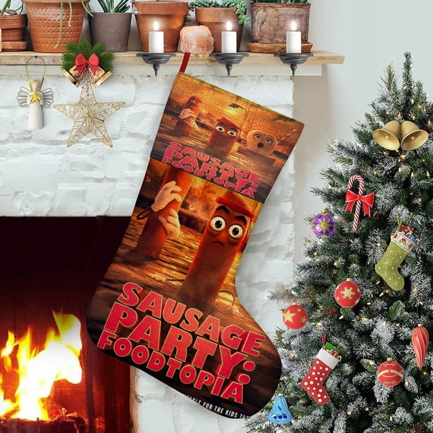 Fiesta de Salchichas Foodtopia Tema: Calcetines de Navidad, fino lino blanco para colgar en escaleras y chimenea, decoración navideña para el hogar, regalo de Navidad.54cm×38cm