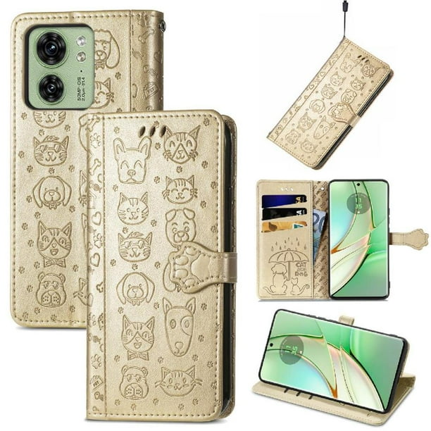 Funda Cartera FOXDOCK para MOTO Edge 40 , Flip PU con Relieve de Gatos y Perros, Tarjetero y Soporte