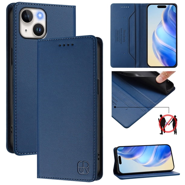 Funda Billetera con Soporte para iPhone 13/iPhone 14 Bloqueo RFID Plegable Azul