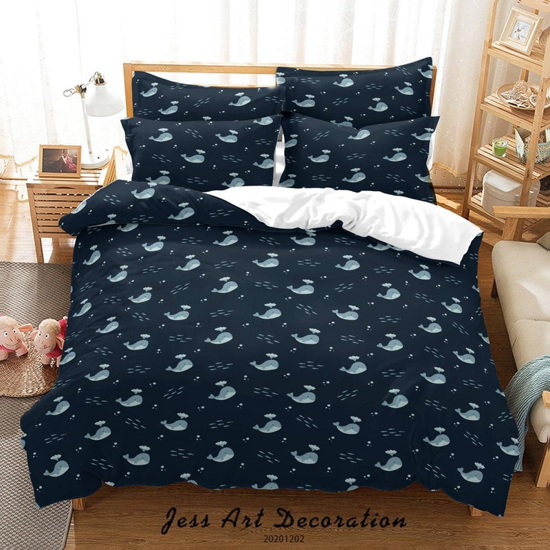 Milsleep - 3d Cartoon Dibujado A Mano Océano Ballena Patrón Oscuro Funda De Edredón Set Ropa De Cama Set