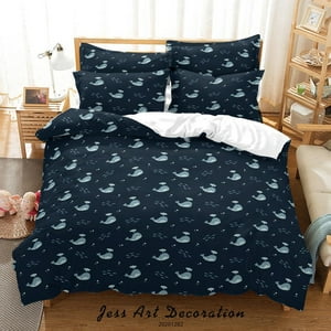 Milsleep - 3D Cartoon Dibujado A Mano Océano Ballena Patrón Oscuro Funda De Edredón Set Ropa De Cama Set