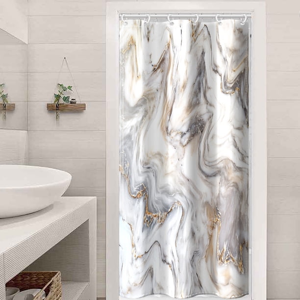 1pc Luxury Gray Golden Marble Shower Curtain Set - Waterproof, Washable, and Standard Size for Bathtub - Includes 12 Plastic Hooks