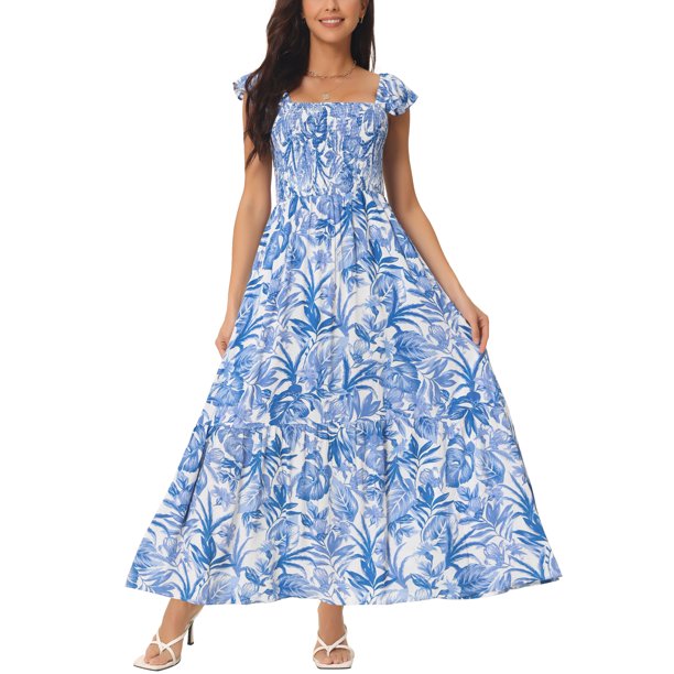 INSPIRE CHIC Vestidos de playa bohemios de verano para mujer con escote cuadrado sin mangas con volantes florales y maxi vestido de sol M Azul