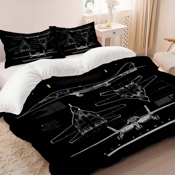 3pcs Fighter Jet Three-View Drawing Pattern Set Soft And Comfortable Bedding Set Suitable for All Seasons