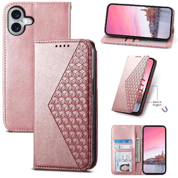 Funda Flip FOXDOCK para iPhone 17 , Estilo Billetera con Diseño Rombo, Correa de Mano y Soporte, Uso Diario