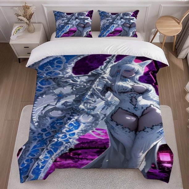 3pcs White-Haired Woman with Animal Ears Themed Bedding Set Duvet Cover and Pillowcase Set