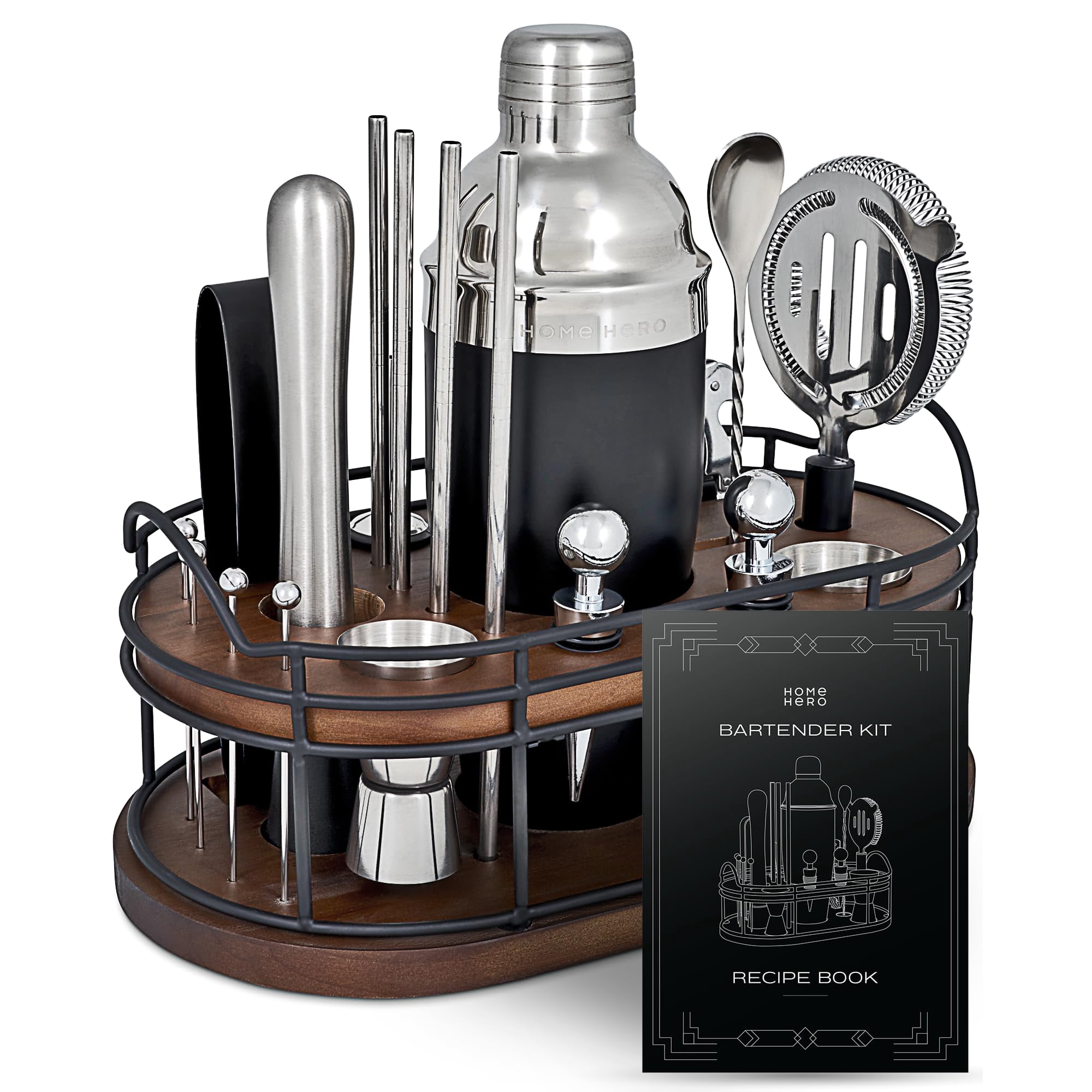 Kit De Bartender Home Hero Elegant 22 Piezas Con Soporte De Madera