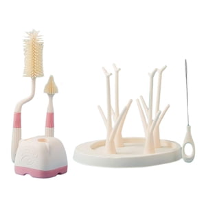 Magideal - Juego De Cepillos Para Biberones Limpiador De Biberones Cepillo De Lavado Herramientas De Cocina De Silicona Portátiles Estante De Secado De Biberones Beige