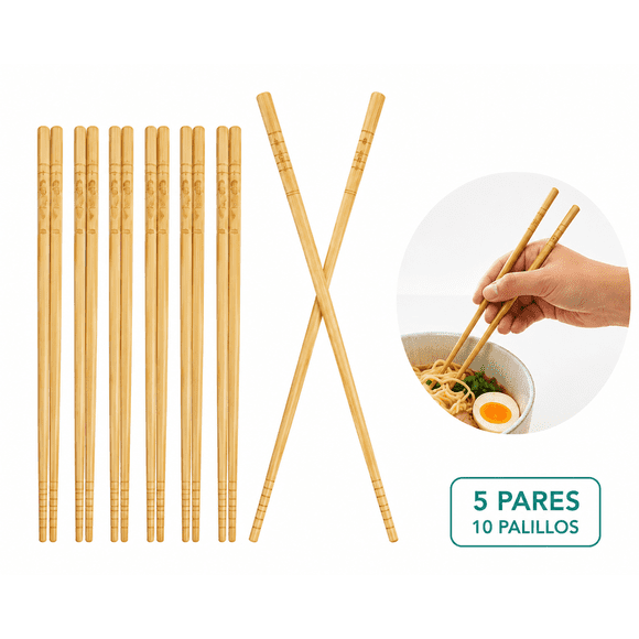 Pack 5 Pares / 10 Palillos Chinos Reutilizables 24 cm Bamboo