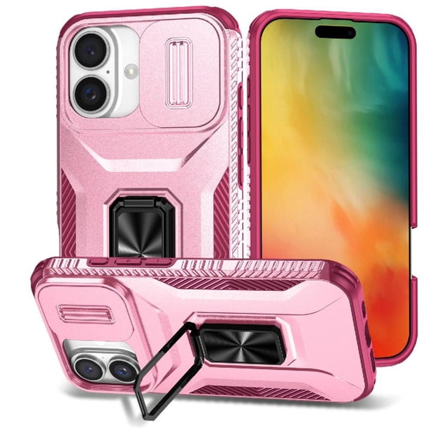 Funda Armada para iPhone 16 con Tapa Deslizante y Soporte Magnético Giratorio Rosa
