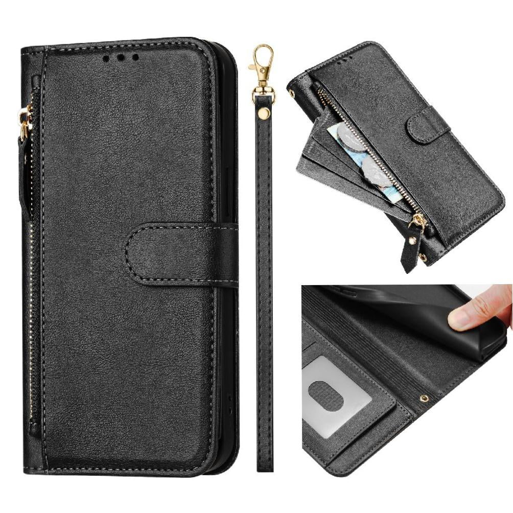 Foxdock - Funda Tipo Billetera Para Oukitel C58 Con Cremallera Portatarjetas Soporte Correa De Muñeca Cuero Negro