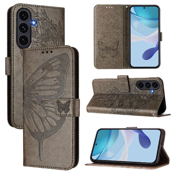 Funda cartera mariposa para Samsung Galaxy S25 FE con soporte y ranuras para tarjetas Gris
