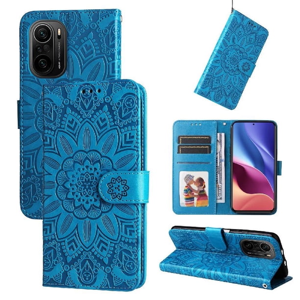 Funda tipo cartera FOXDOCK para Xiaomi Poco F3 Pro , diseño girasol en relieve, cuero PU, cierre magnético, soporte y tarjetero