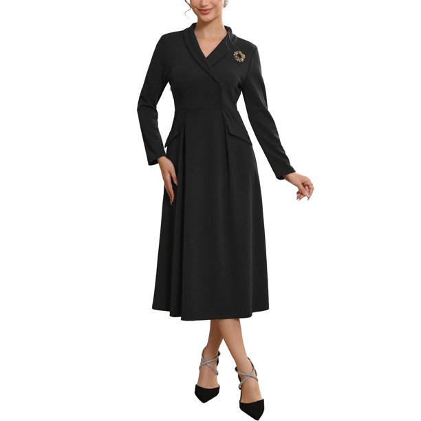 INSPIRE CHIC Vestidos Formales de Blazer para Mujer Cuello con Solapa Cuello en V Manga Larga Vestido de Trabajo Línea A M Negro
