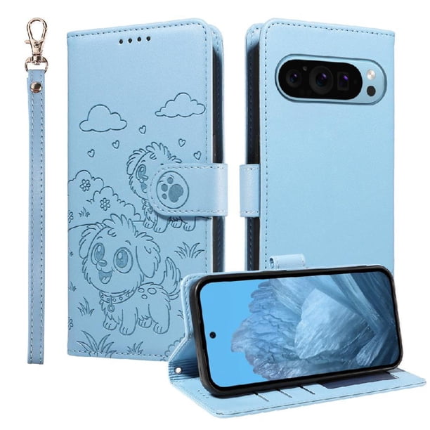 Funda Cartera para Google Pixel 9 Pro XL Perro Cachorro Grabado con Tarjetas Soporte Correa Azul