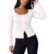 thumbnail image 1 of INSPIRE CHIC Camisas de Mujer Cuello Cuadrado Mangas Largas Botón Frontal Abertura Dobladillo Blusa Ajustada Capa Base de Punto Otoño Invierno Básico Salir Tops Mediano Blanco, 1 of 6