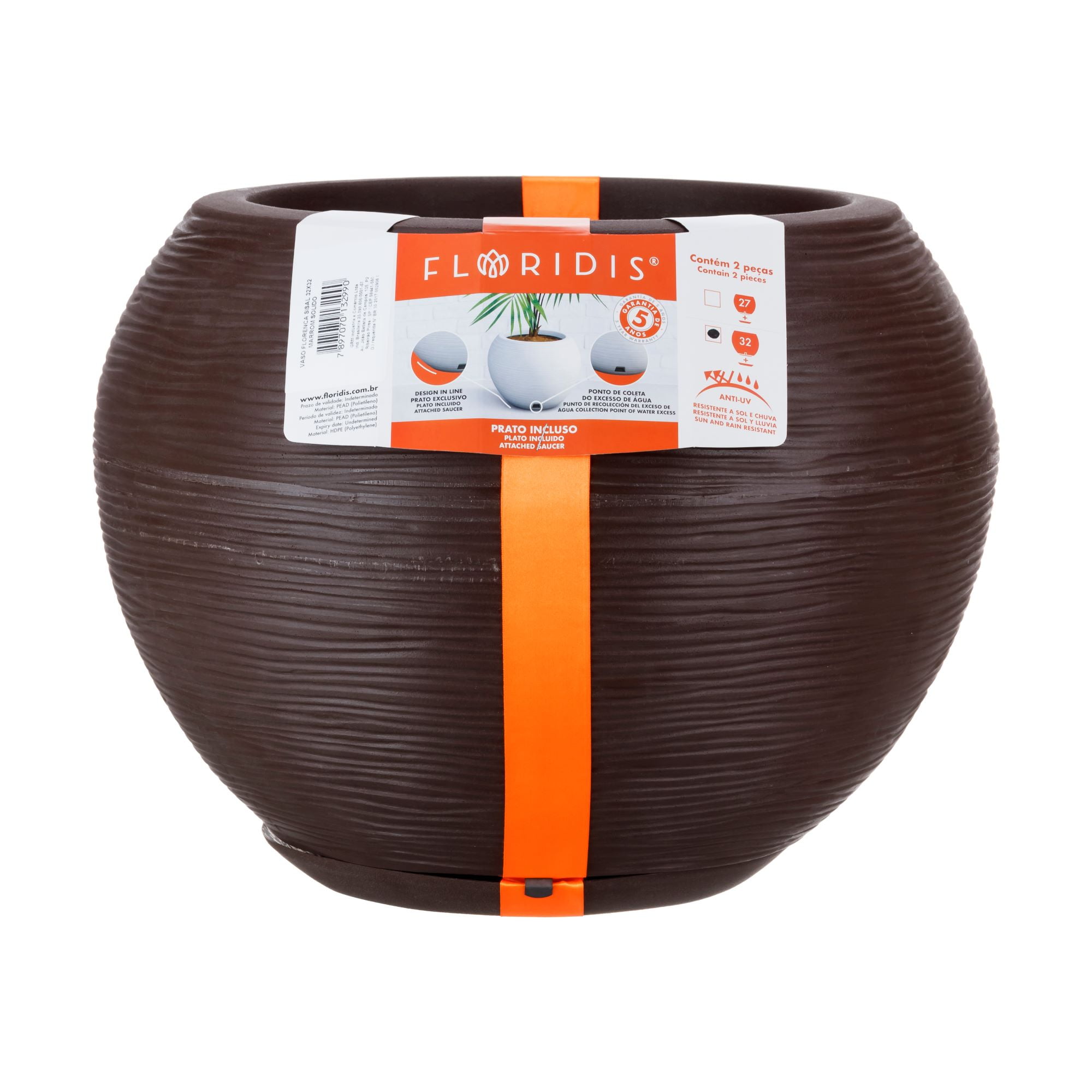 Macetero Floridis Marron Florencia 32 Cm Alto Con Plato