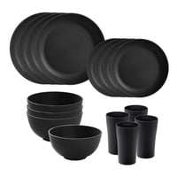 Magideal - Juego De Vajilla De Paja De 16 Piezas, Platos, Cuencos Y Tazas Irrompibles, Diseño Minimalista Mate, Vajilla Ligera, Adecuada Para Comidas En Casa, Fi Negro