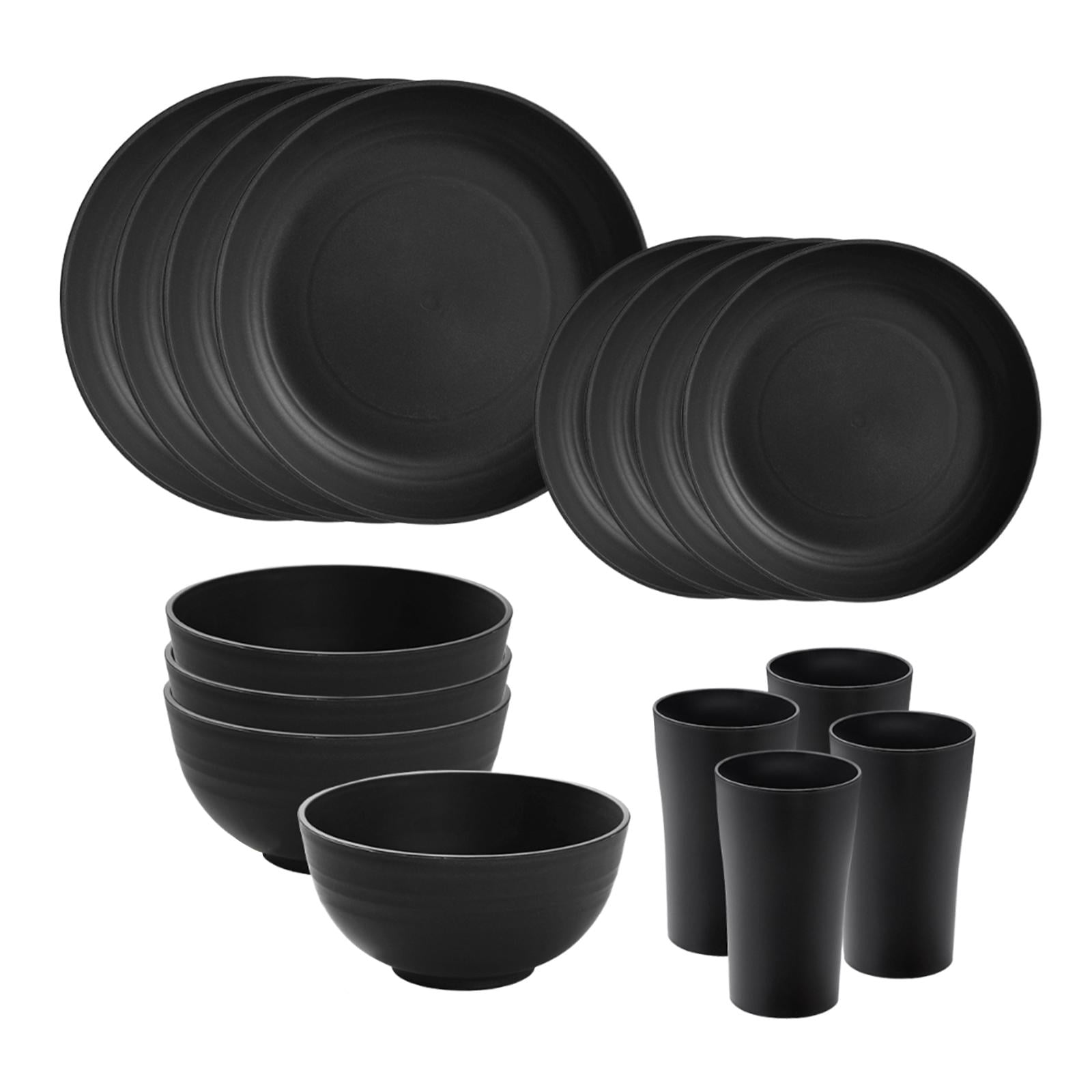 Magideal - Juego De Vajilla De Paja De 16 Piezas, Platos, Cuencos Y Tazas Irrompibles, Diseño Minimalista Mate, Vajilla Ligera, Adecuada Para Comidas En Casa, Fi Negro