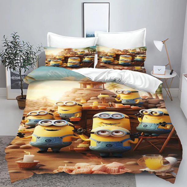 v1846 Bed Sheets Duvet cover pillowcase Minion bedding set Boys and girls home bedroom quilt set, queen size double bed three-piece set 3-Piece Bedding Set (1 Duvet Cover + 2 Pillow Shams) Bed Sheets