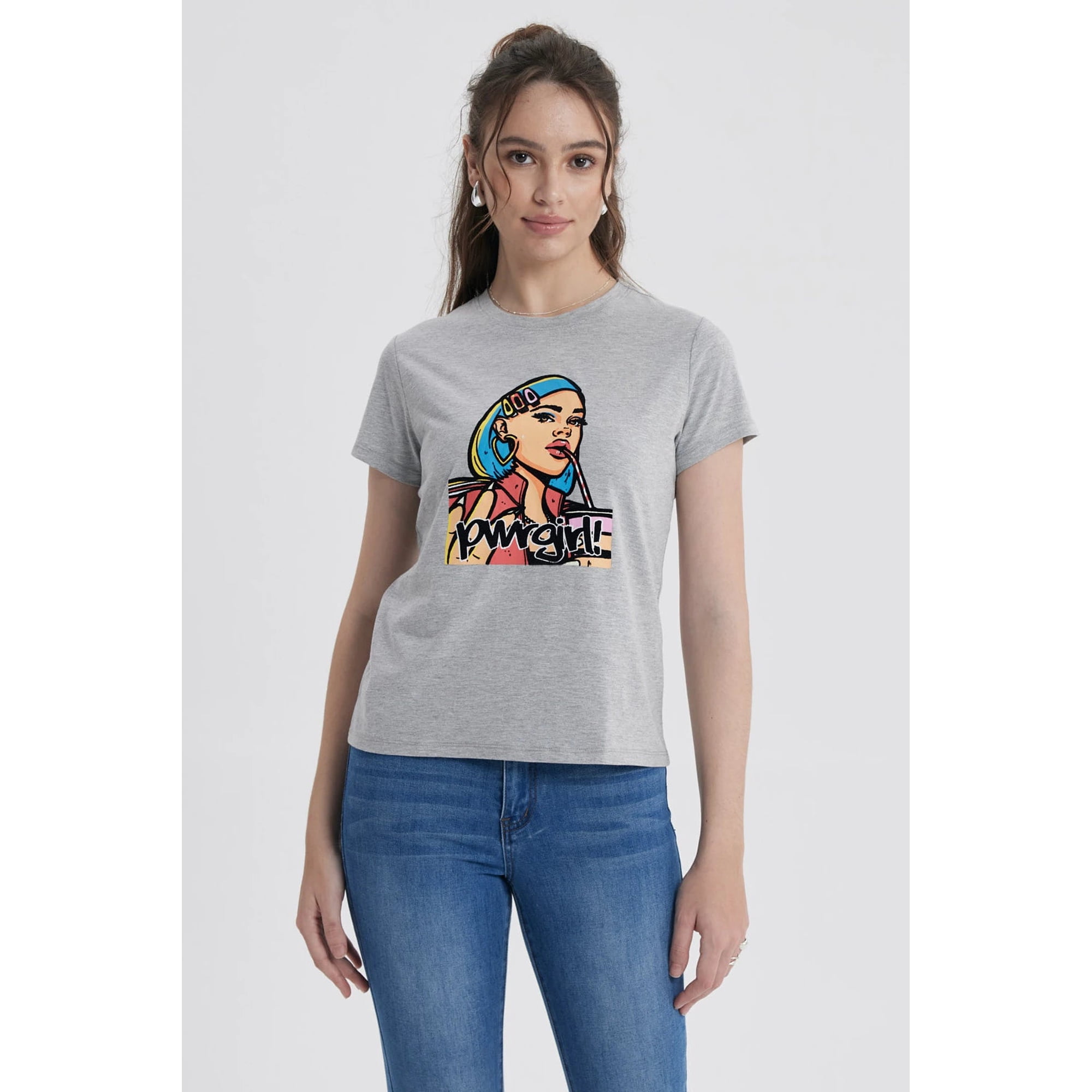 Fashionspark - Polera Mujer Básica Print Gris Melange / Rosado