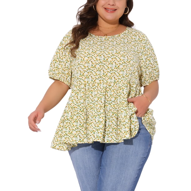 Agnes Orinda Tops Florales para Mujer Tallas Grandes Cuello Redondo Manga Corta Puños Elásticos Blusas Peplum Casual 3X Amarillo