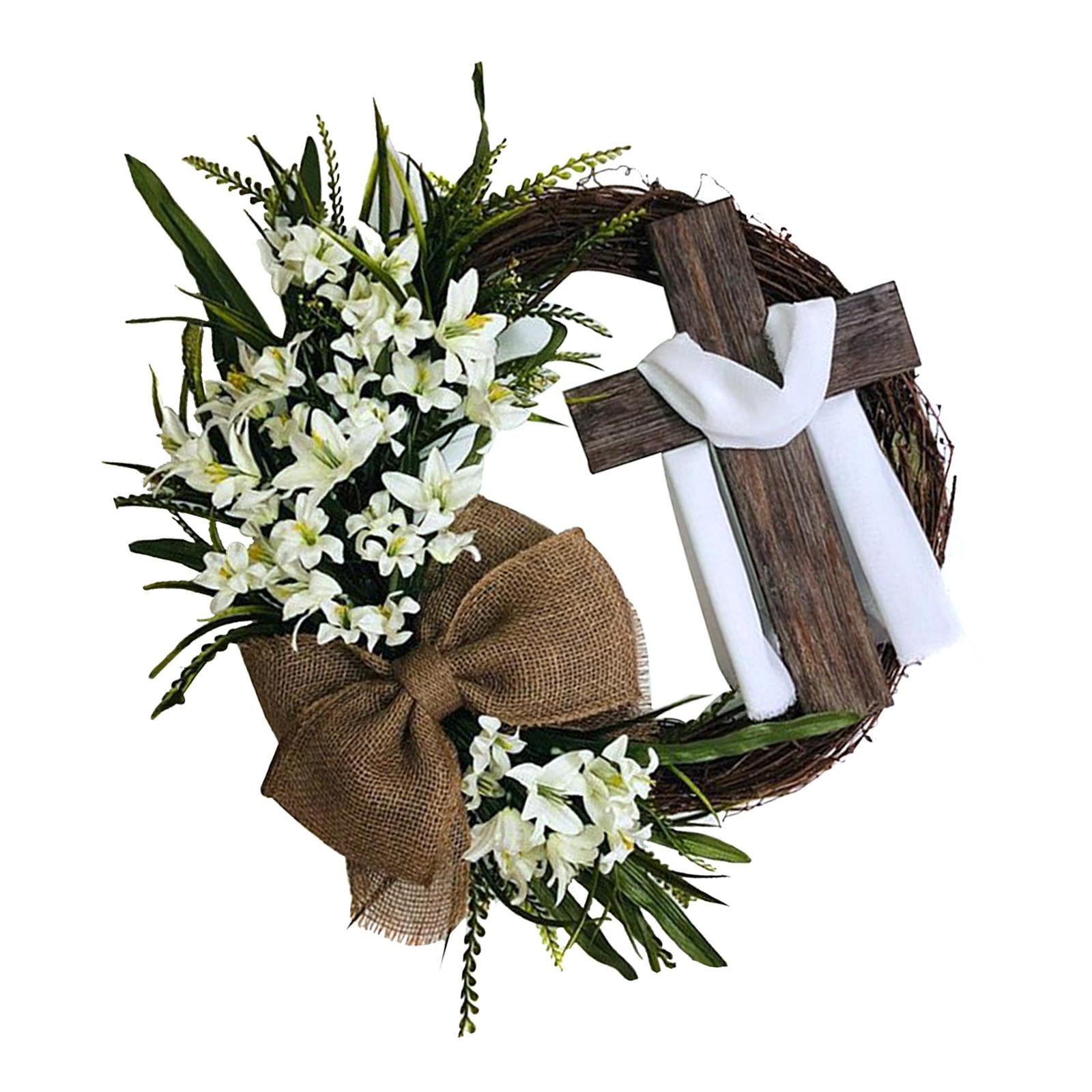 Magideal - Guirnalda De Utilería Para Fotos Con Corona De Cruz De Pascua De Ratán, Decoración Floral Rústica Simulada, Corona De Puerta Delantera Para Ventana De 40cm Blanco