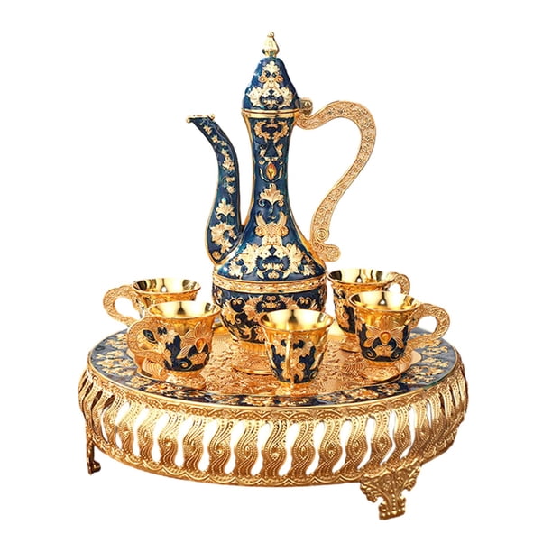 Juego de cafetera, juego de té, 6 tazas, juego de café chino para el hogar, juego de tazas de té para sala de estar, decoración para fiestas navideñas azul y oro