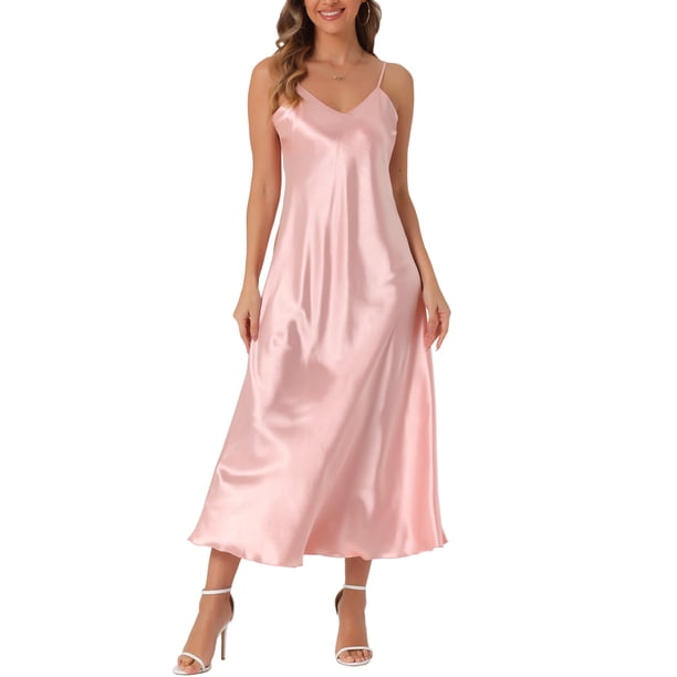 Vestido de satén para mujer CURVOSPORT con tirantes finos, escote en V, elegante vestido largo tipo slip XL rosa