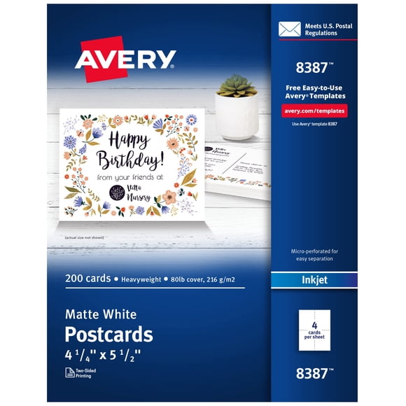 Postcards Avery 08387 Inkjet 10,8 cm x 14 cm, color blanco, 200 unidades