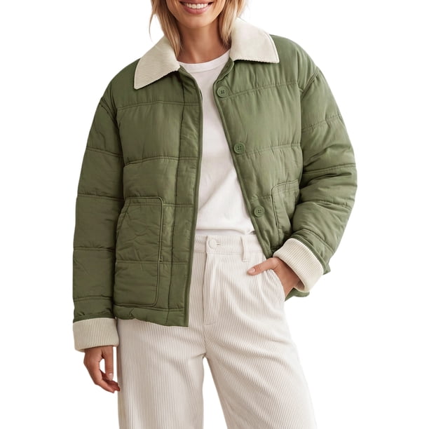 INSPIRE CHIC Chaqueta Acolchada de Pana para Mujer con Bloque de Color, Cuello con Solapa y Bolsillos, Talla X Grande Verde