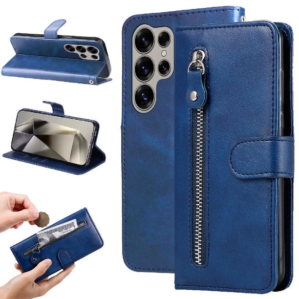 Funda tipo cartera para Samsung Galaxy S25 Ultra con bolsillo con cremallera y ranuras para tarjetas – Función de soporte Azul