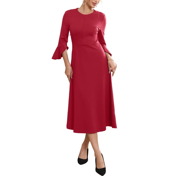 INSPIRE CHIC Vestido Formal de Mujer con Cremallera Frontal, Mangas Acampanadas, Oficina de Negocios, Vestido Midi Línea A, XL Burdeos