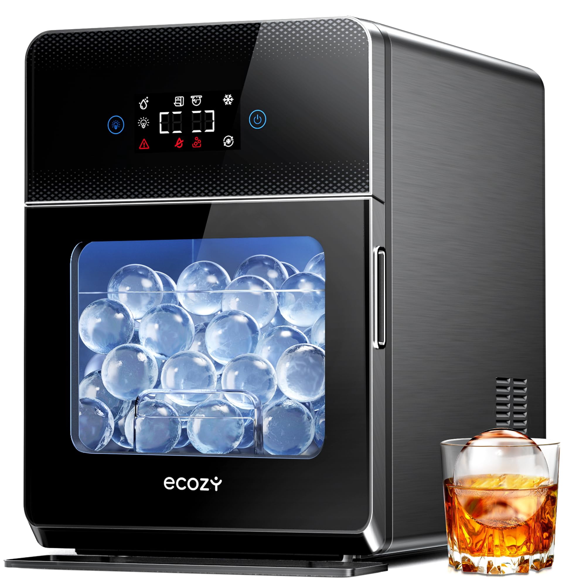 Fabricador De Hielo Ecozy - Bolas De Hielo Transparentes De 2" 144 Piezas/día Con Autolimpieza