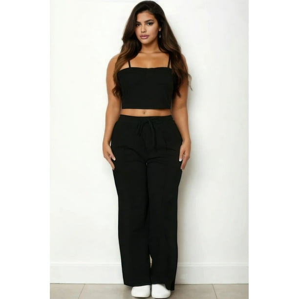 Saronite Top Corto Tipo Camisola con Corpiño y Tirantes Ajustables de Color Liso Basics y Pantalones Rectos con Bolsillos Laterales Inclinados, Negro (Talla Grande para Mujer)
