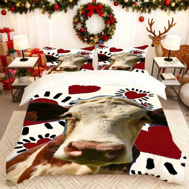 Cute Cow Close-Up Printed Duvet Cover Set Includes a Duvet Cover And Two Pillowcases Soft And Comfortable Perfect for Family Bedrooms And Guest Rooms Suitable f