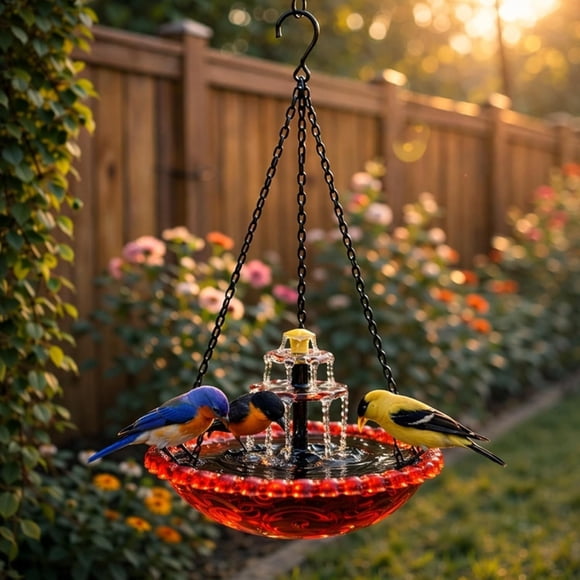 Fuente solar colgante para baño de pájaros MOVVIYE, cascada rosa