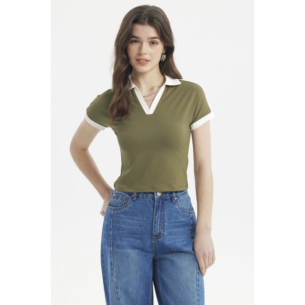 Polera Mujer Color Cuello Polo Verde Militar Claro