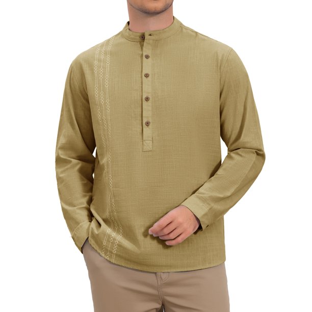 INSPIRE CHIC Camisa de Lino para Hombre con Patrón Henley de Manga Larga para la Playa 2XL Caqui