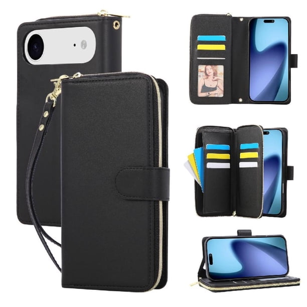 Funda Cartera con Cremallera y Correa para iPhone Air Soporte y Tarjetero Negro