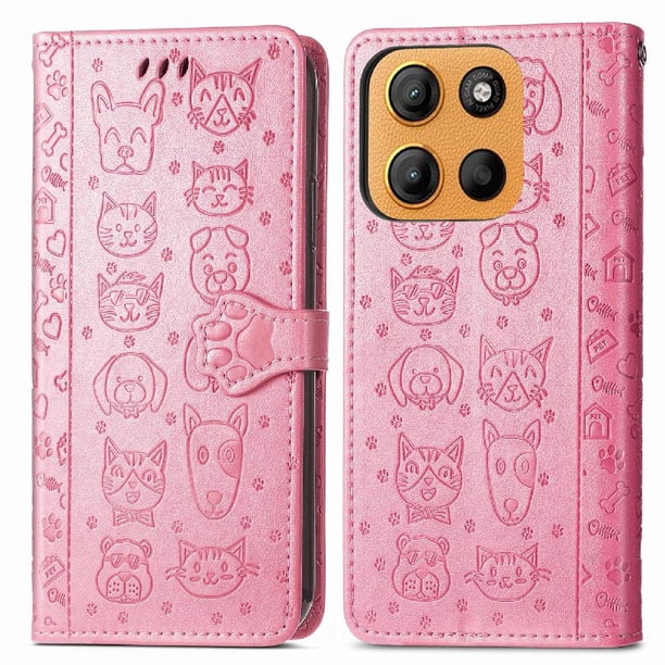 Funda Cartera FOXDOCK para Motorola Moto G15 , Flip PU con Relieve de Gatos y Perros, Tarjetero y Soporte