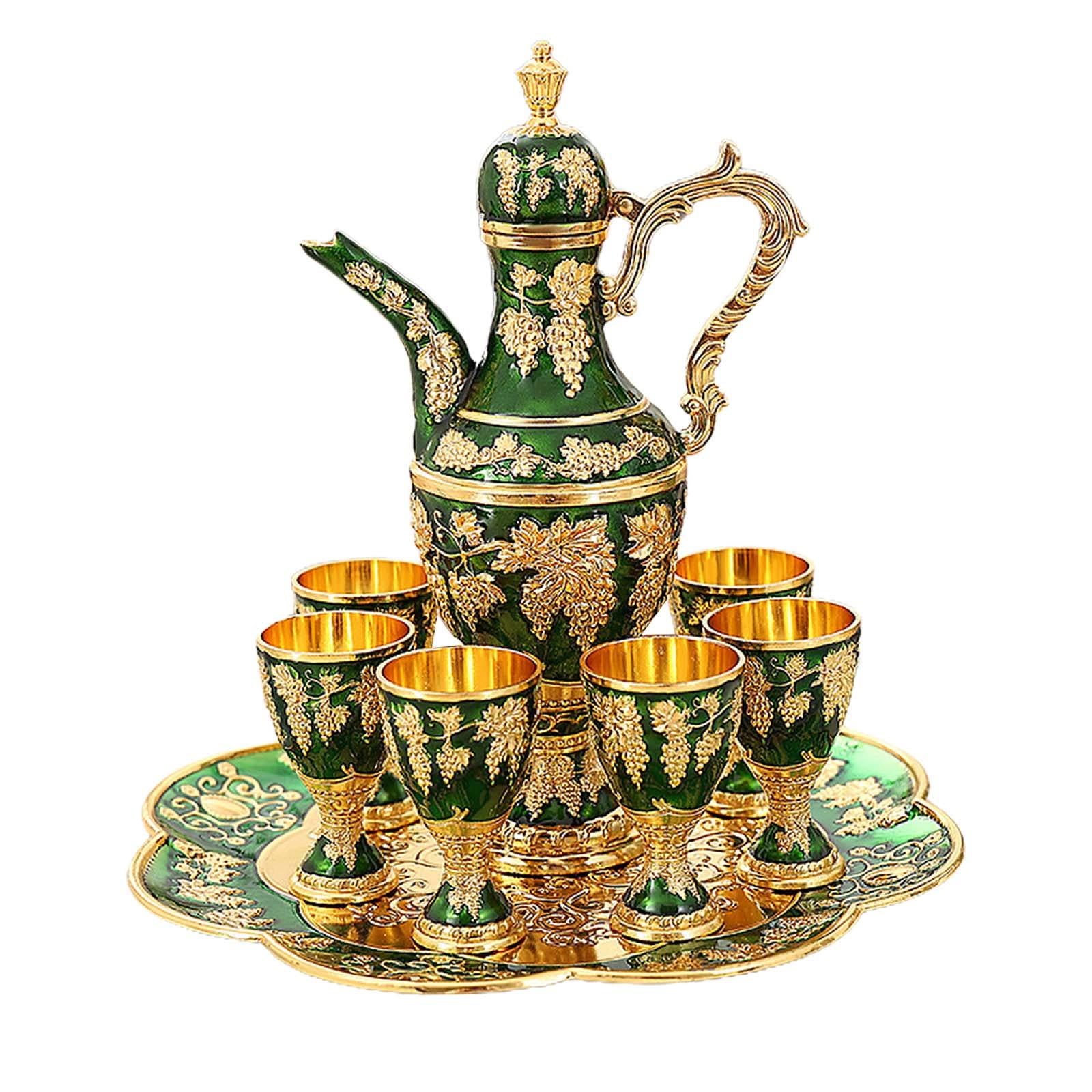 Magideal - Juego De Vino Europeo Juego De Tetera Turca Vasos Antiguos Juego De Tetera De Vino Decorativo Juego De Tetera Vintage Juego De Té De Servicio De Lujo Verde
