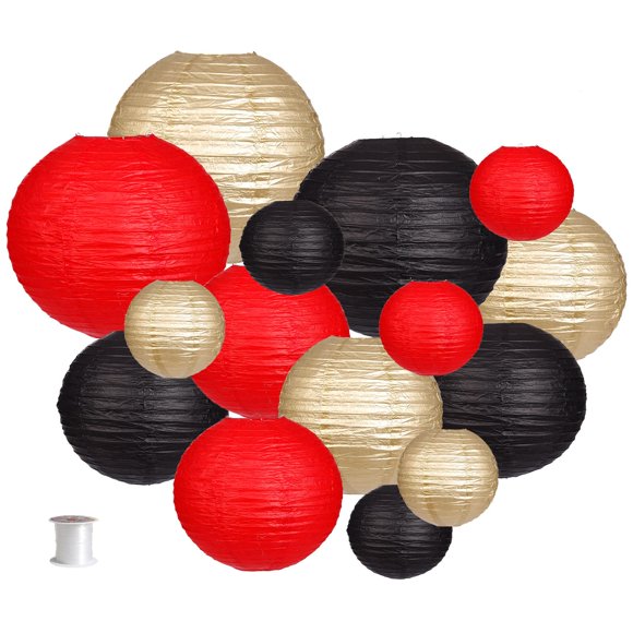 Set de faroles decorativos de papel zilue, negro, dorado y rojo, 15 unidades