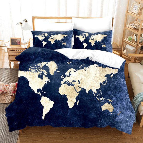 World Map Enthusiast Bedding Set Duona Duvet Cover Pillow Cases3-Piece Bedding Set (1 Duvet Cover + 2 Pillow Shams)