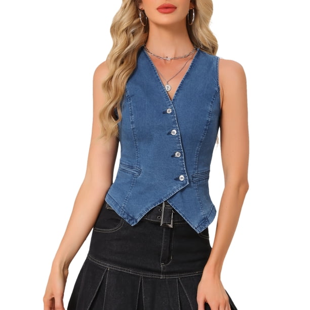 INSPIRE CHIC Chaleco de Mezclilla Recortado para Mujeres con Cuello en V Tops de Jean Cortos Estilo Occidental L Azul