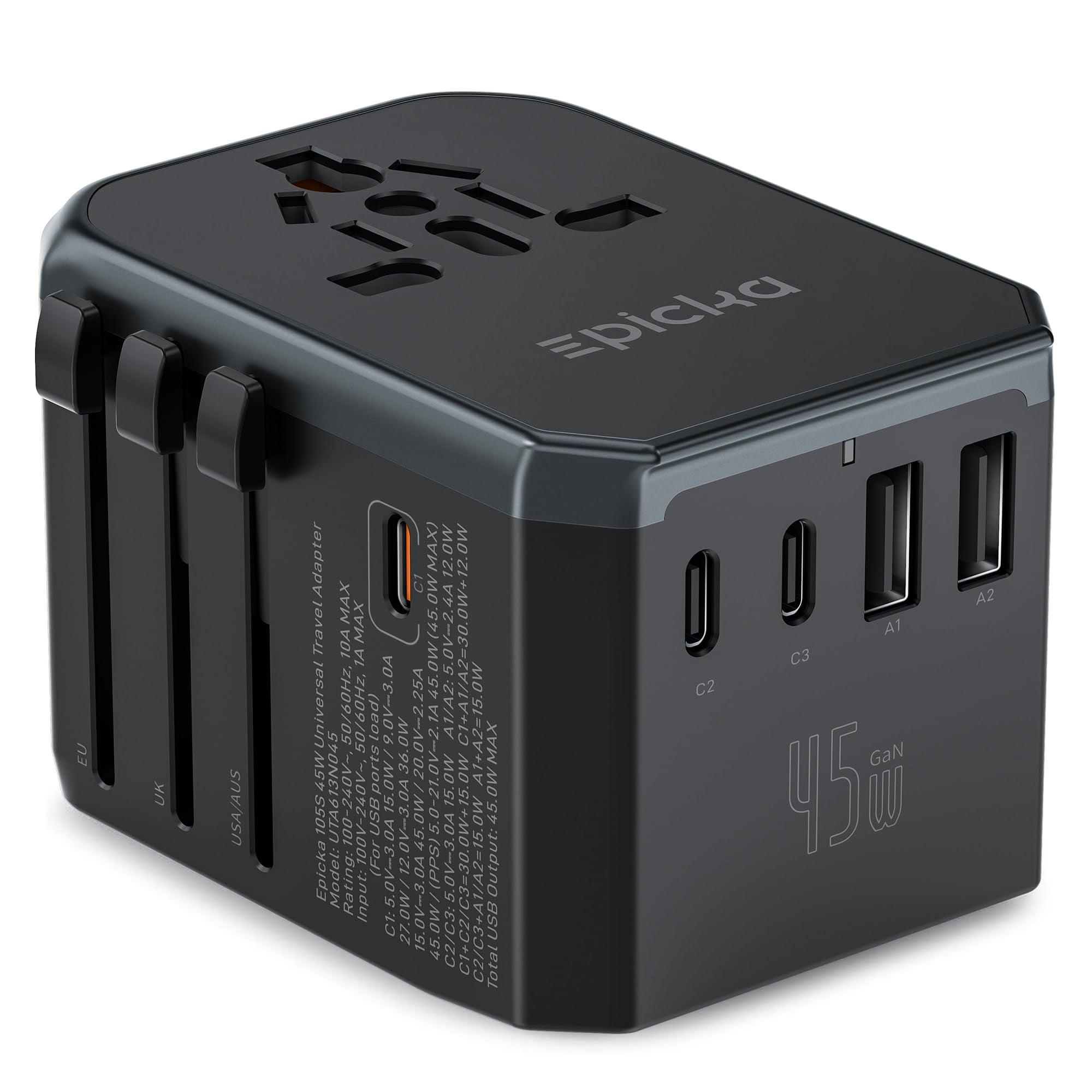 Adaptador De Viaje Epicka 45w Gan Pd Qc Con 5 Puertos Usb