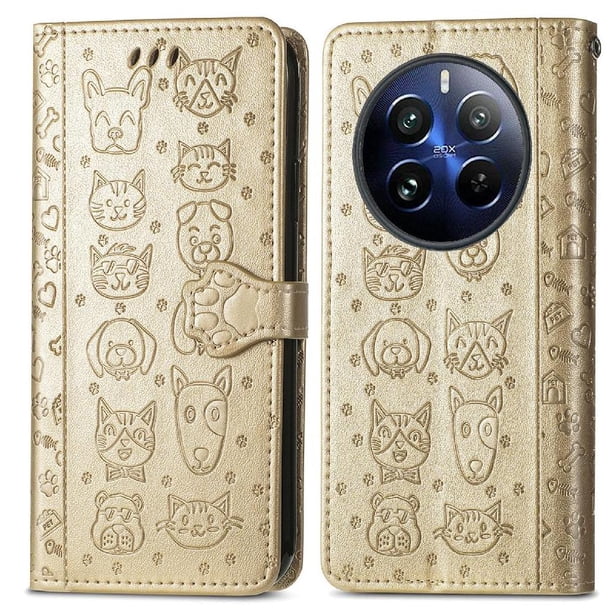 Funda Cartera FOXDOCK para Realme 12 Pro , Flip PU con Relieve de Gatos y Perros, Tarjetero y Soporte