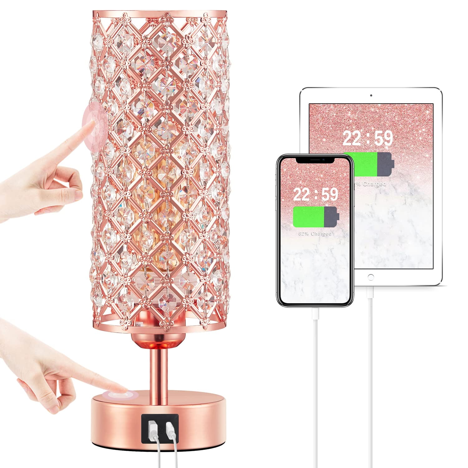 Lámpara De Cristal Hong-in Con Control Táctil, Color Oro Rosa, Puertos Usb, 110 V