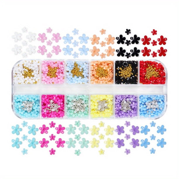 12 colors 3D Flower Nail Charms with Rhinestones and Caviar Beads - DIY Nail Art Design for Women and Girls