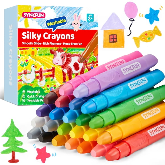 Crayones SYNCFUN giratorios, sedosos y lavables, 24 piezas, para niños de 3+ años